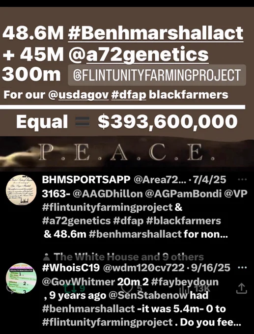 $393.6M Accountability Demand for Flint Water Survivors and Black Farmers
A coalition of grassroots leaders, survivors, and farming innovators is calling for immediate federal and state action to resolve a nine-year trail of documented neglect tied to the Flint Water Crisis and systemic exclusion of Black farmers from USDA programs. The demand totals $393.6 million, broken down as follows:
• $48.6M allocated under the Ben Marshall Act
• $45M in genetic innovation and health equity via A72 Genetics
• $300M for expansion and restitution through the Flint Unity Farming Project
Since 2016, over 85,000 Flint residents have endured long-term health consequences from lead exposure and water contamination. Despite national attention, survivors remain undercompensated 
The Ben Marshall Act, first introduced in 2016 and reactivated in 2020, outlines direct restitution for survivors and community-led health initiatives.