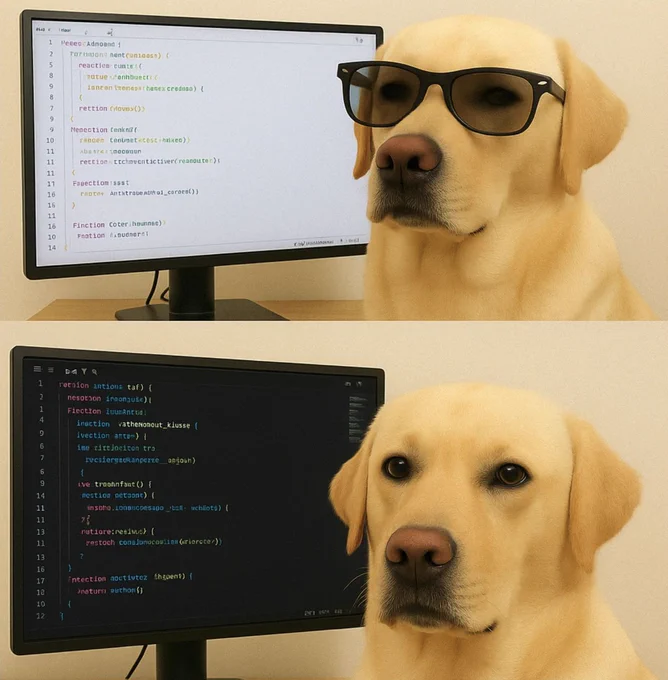 Dos imágenes de un perro tipo labrador frente a una pantalla con código. En la primera, lleva gafas y mira con aire intelectual un código que no tiene sentido, como si fuera un desarrollador senior revisando PRs a las 2 a. m. En la segunda, sin gafas y con expresión confundida, observa otro código aún más caótico, como si acabara de romper producción sin saber cómo.