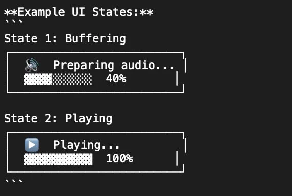 Terminal-style ASCII wireframes generated by Claude Sonnet 4.5 during a coding session. The wireframes show UI states for audio playback: one with a progress bar and text saying “Preparing audio… 40%,” and another showing “Playing… 100%.” The designs are laid out using clean box characters, mimicking real UI components like buttons, labels, and loading bars.