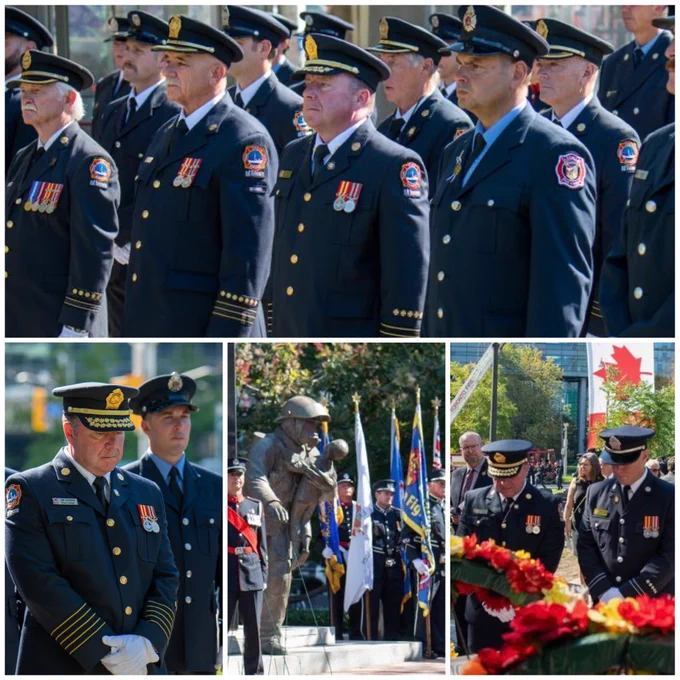 Four photos of the Toronto Fire Services Fire Chief Jim Jessop and TPFFA President Mike Smith and other Fire Services staff at the annual Ontario Fallen Fire Fighter Memorial.