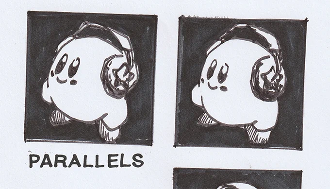 Two sketches of the character Kirby wearing headphones, with the word "PARALLELS" written underneath.