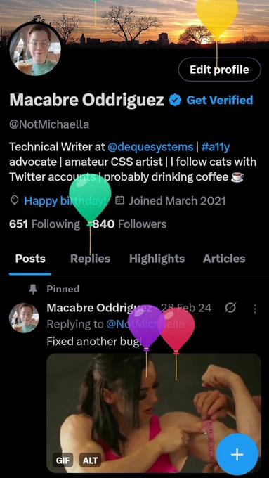 Screenshot of my profile page with a balloon animation overlay.