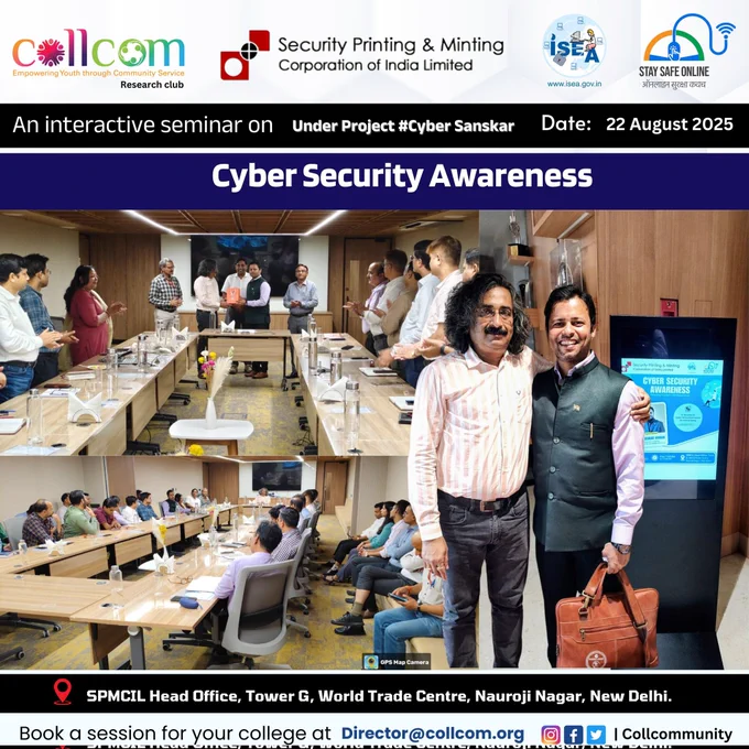 Cyber Awareness talks at Security Printing and Minting Corporation of India Ltd (Govt PSU), at World Trade Centre, Naroji Nagar New Delhi. 50 Employees Physically Participated and 200  Employees of Different Units of SPMCIL across the country participated in Online Mode.

Wonderful interaction with all employees and CMD of SPMCIL.