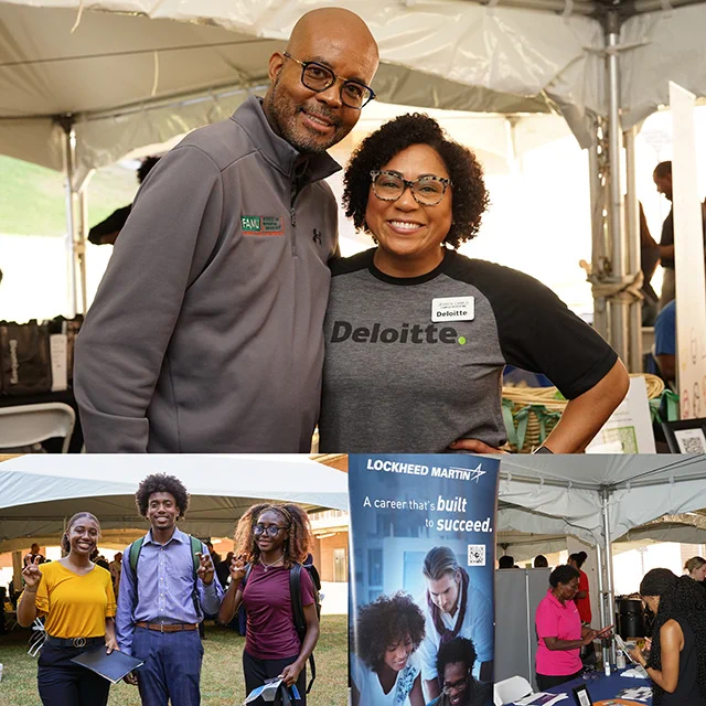 [First Image From Left to Right: Interim Dean Ira Bates and Deloitte Campus Recruiter Jessica Camilo]
