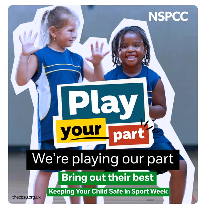 Two children participating in NSPCC's 'Keeping Your Child Safe in Sport Week' campaign. One child is giving a high-five to another who is inside a cutout standee with promotional messages about child safety in sports.