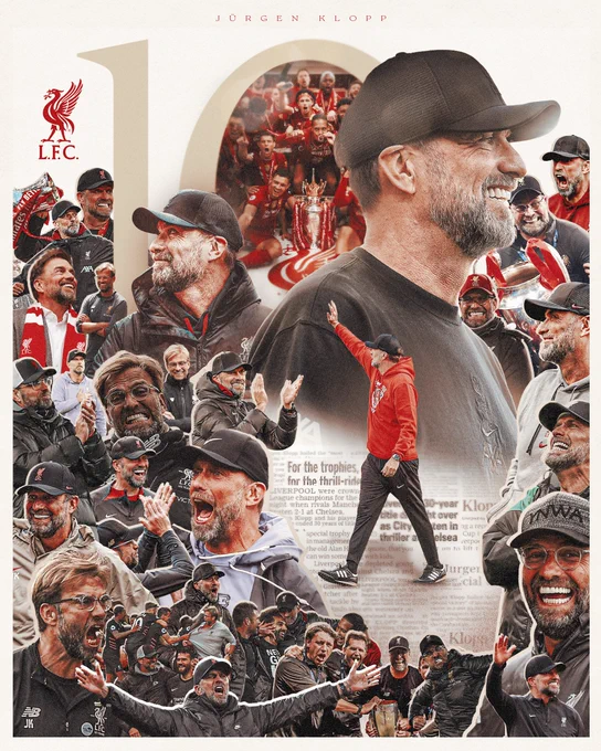 A graphic with various photos of Jürgen Klopp during his tenure as Liverpool manager with a '10'.