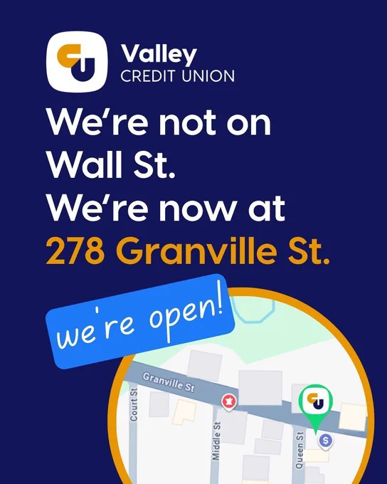 blue background with a map and we're open for Bridgetown NS