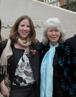 Redwings Head of Communications Nicola with Dame Jilly Cooper at the Animals in War memorial in London.