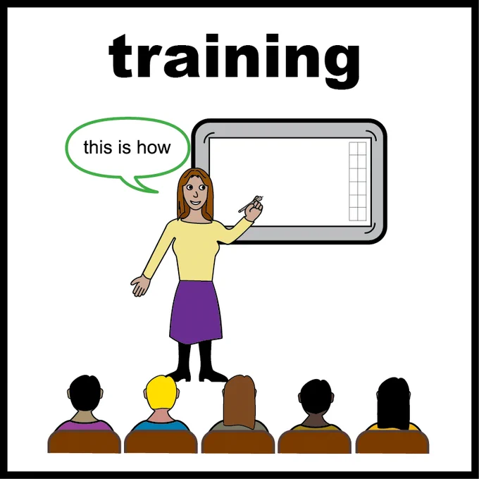 A square with the word ‘training’ at the top. Below the word is an image of a woman in front of a whiteboard and a speech bubble coming out of her mouth saying “this is how”. A row of people are sitting in front of the woman.
