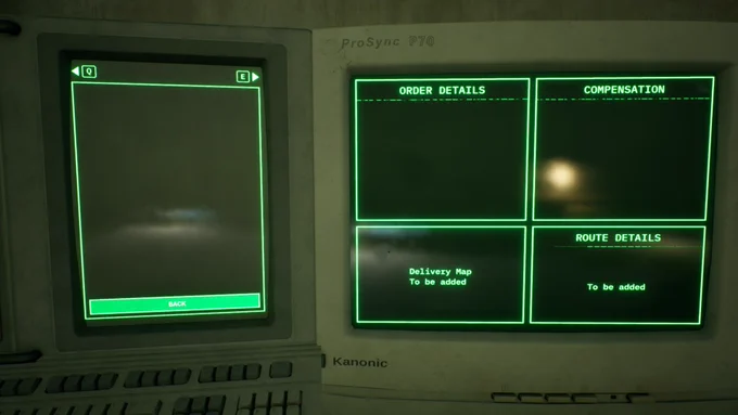 A retro-futuristic green terminal screen inside a post-apocalyptic delivery simulator game. The interface shows empty order details, compensation, and route details sections.