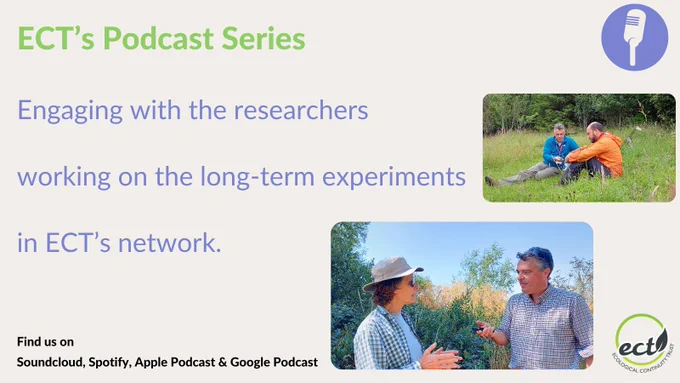 Text: ECT's Podcast Series: Engaging with the researchers working in the long-term experiments in ECT's network. Photo two white men sitting on the grass recording the interview. Photo of a white man standing and holding a microphone towards a white woman wearing a hat as he interviews her. Text: Find us on Soundcloud, Spotify, Apple Podcast and Google Podcast.