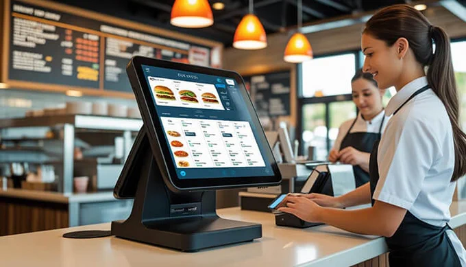 Restaurant cashier using a modern POS system with digital menu display while assisting a customer at the counter.