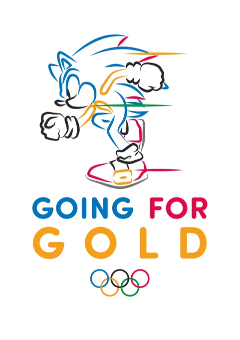 Sonic speeds to the left in Olympic colors with the text, "Going for gold"