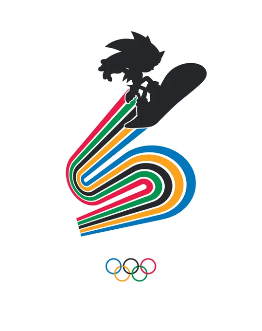A silhouetted Sonic snowboards with a trail of Olympic colors behind him
