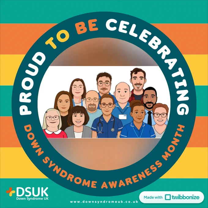 A circle with a group of people in the middle of it. Around the edges are the words ‘Proud to be celebrating Down Syndrome Awareness Month’. Below this is the DSUK logo and website address: www.downsyndromeuk.co.uk

