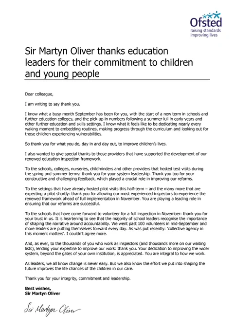 A letter from Martyn Oliver to education leaders.