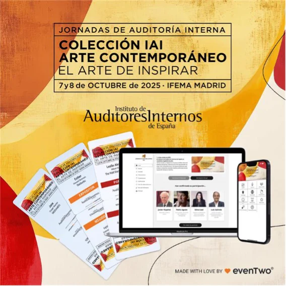 La imagen contiene el diseño corporativo de las “Jornadas de Auditoría Interna 2025” junto con un ejemplo de la app y WebApp desarrolladas por EvenTwo para las Jornadas y el texto: “Made with love by EvenTwo.