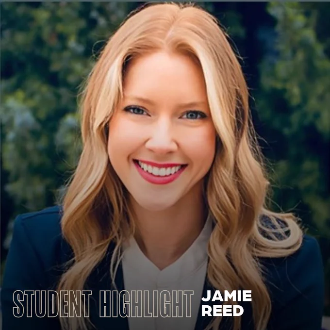 Professional portrait of Jamie Reed, smiling, with the text 'Student Highlight' at the bottom.