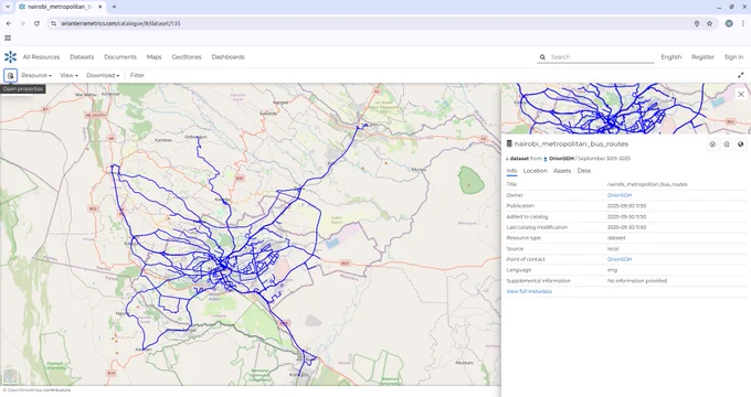 A GIS Vector layer of the Nairobi Metropolitan region Matatu/Ma3 Routes hosted on the Orion Terrametrics Spatial Data Hub