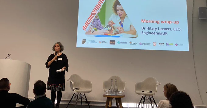 Dr Hilary Leevers wrapping up the morning sessions at the "Gender pathways into engineering and technology in-person" event