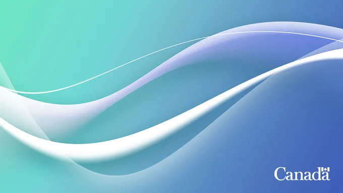 IMAGE : Arrière-plan en teintes dégradées de turquoise vers bleu.  Lignes sinusoidales blanches à l'horizontale.  Logo du Canada en blanc au bas à droite.