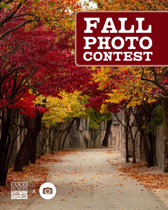 White text that reads "Fall Photo Contest" with the White River State Park and Roberts Camera logos on top of a photo looking down a trail lined with trees with red and yellow leaves. 