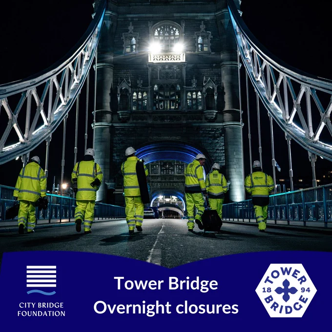 Six people wearing bright yellow PPE and white helmets walking across Tower Bridge at night. The Bridge is brightly lit and the road is otherwise empty. Text: Tower Bridge Overnight closures.