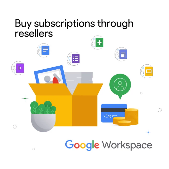 Illustration of a box with stacks of papers and a frame, with a credit card and coins by the right side. Icons of Google Workspace products are floating above the illustration.