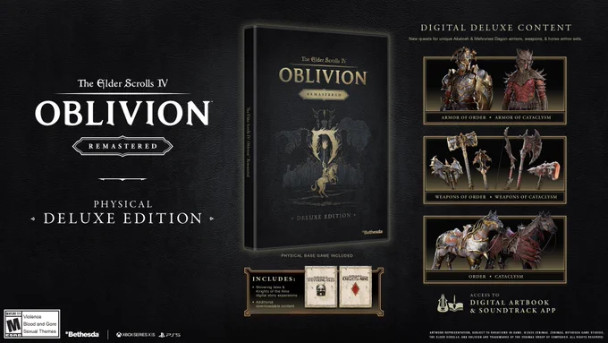 Pictured is The Elder Scrolls IV: Oblivion Remastered Physical Deluxe Edition. The Digital Deluxe Content includes base game as a physical disc along with a code that grants access to the digital story content and digital deluxe content.