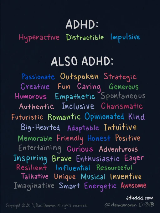 ADHD: Hyperactive, distractible, impulsive.

Also ADHD: Passionate, outspoken, strategic, creative, fun, caring, generous, humorous, empathetic, spontaneous, authentic, inclusive, charismatic, futuristic, romantic, opinionated, kind, big hearted, adaptable, intuitive, memorable, friendly, honest, positive, entertaining, curious, adventurous, inspiring, brave, enthusiastic, eager, resilient, influential, resourceful, talkative, unique, musical, inventive, imaginative, smart, energetic, awesome.
