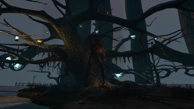 A grotesque gourd shaped into the form of a man with multiple pumpkins fused and contorted into its head and body while the vines and roots form the limbs. This is Jack of the Lantern from the game "Secret World Legends", and he stands looming in front of an enormous weeping leafless tree with winding branches from which lanterns hang. It is dark in this part of the Hollow Earth. Pumpkins sprout by Jack's feet atop in the Forgotten Pumpkin Patch. In the background, graceful branches extend from great tree trunks of a completely different tree, the height of which is so immense that it breaches past view in stark contrast to the Forgotten Pumpkin Patch's cursed tree. Agartha awaits.