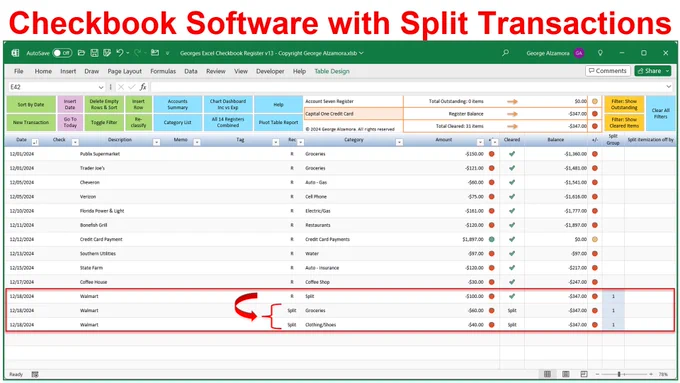 Checkbook Software with Split Transactions | Excel Checkbook Registers