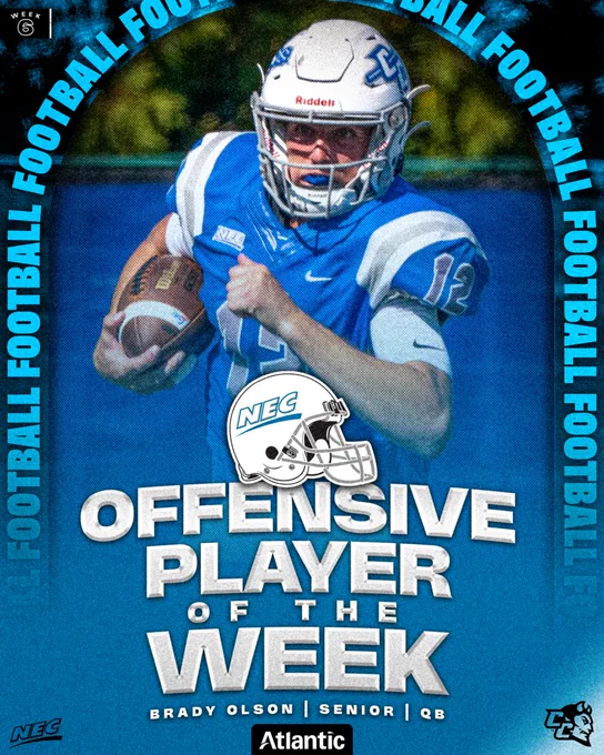 CCSU senior quarterback Brady Olson is the NEC/Atlantic Tomorrow's Office Football Offensive Player of the Week (Week 6)