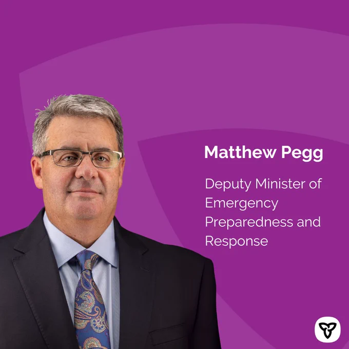 A person in a suit and tie. Text: Matthew Pegg, Deputy Minister of Emergency Preparedness and Response