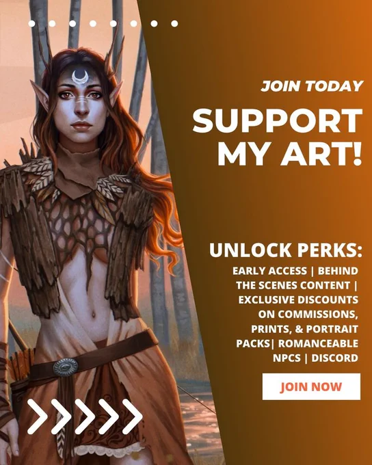 Join today, support my art! Unlock perks: early access, behind the scenes content, exclusive discounts on commissions, prints, and portrait packs, romanceable npcs, and access to my private Discord server. Join now! Artwork of an autumn elf wearing bark armor