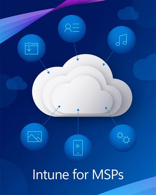 A graphic image featuring a white cloud in the center, surrounded by six blue circular icons connected to it with dotted lines. The background is dark blue with lighter blue cloud shapes and abstract wave patterns at the top. Below the central cloud image is the text 'Intune for M S Ps'.