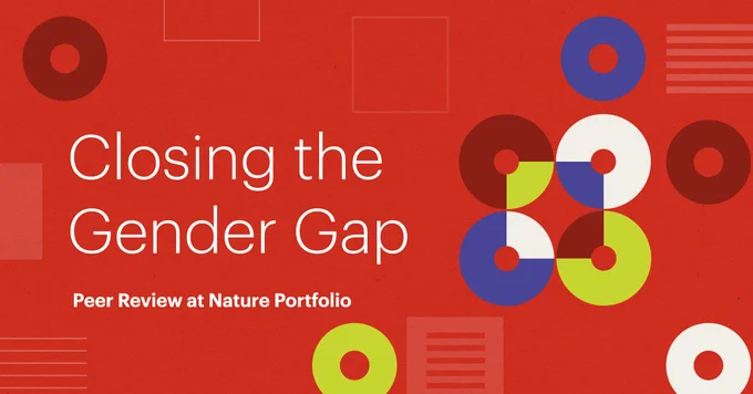 Against a red backdrop, geometric shapes accent the title, "Closing the Gender Gap," with the subtitle, "Peer Review at Nature Portfolio". The shapes include circles and rectangles of white, blue, green, and brown.