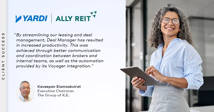 A smiling person stands in an office setting holding a tablet, with promotional content including logos and quotes from Yardi and Ally REIT, featuring a testimonial from Kaveepan Eiamsakulrat, Executive Chairman.