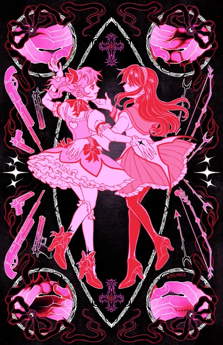 Illustration of Madoka and Homura. They are centered in a pointed oval, facing each other. Homura reaches out to Madoka’s face. Madoka has marks on her wrists and ankles. Their anime weapons, crosses, and sparkles are arranged symmetrically around them. Hands cupping a wound are placed in a circle in each corner. A ribbon frames everything.
