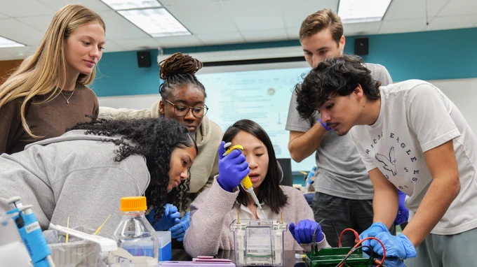 Stetson students engaged in a science experiment in a laboratory, working with various equipment and samples.