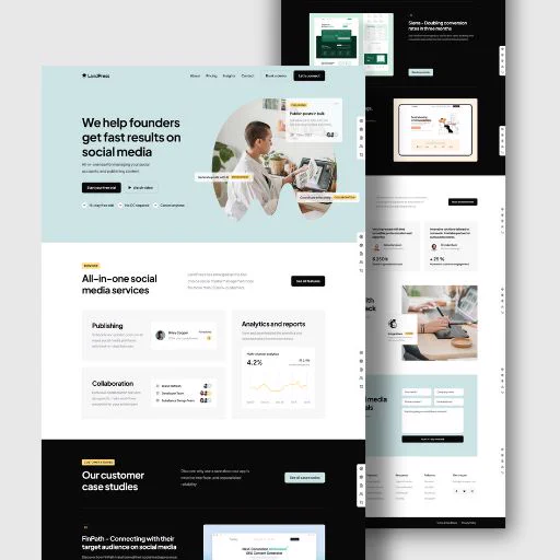 𝗖𝗮𝘀𝗲 𝗦𝘁𝘂𝗱𝘆 — 𝗟𝗮𝗻𝗱𝗣𝗿𝗲𝘀𝘀 𝗦𝗼𝗰𝗶𝗮𝗹 𝗠𝗲𝗱𝗶𝗮 𝗪𝗲𝗯𝘀𝗶𝘁𝗲 𝗗𝗲𝘀𝗶𝗴𝗻



𝗖𝗵𝗮𝗹𝗹𝗲𝗻𝗴𝗲:

LandPress needed a website that clearly showed its value — helping founders get fast results on social media. The old layout lacked structure, buried key information, and didn’t guide users to take action, resulting in fewer sign-ups and poor engagement.



𝗦𝗼𝗹𝘂𝘁𝗶𝗼𝗻:

We built a fresh, conversion-driven WordPress website focused on clarity and performance, featuring:



 > A strong hero headline with clear “Start Free Trial” and “Book a Demo” CTAs
 > Service sections for Publishing, Analytics, and Collaboration
 > Real customer case studies with measurable results
 > Testimonials that build trust and credibility
 > Seamless contact form for quick inquiries
 > Fully responsive design with fast loading speed



𝗥𝗲𝘀𝘂𝗹𝘁𝘀 (example):

📈  42% increase in user engagement
📥 2× more demo requests within 60 days
⚡ Faster loading speed, improving visitor rete

#Web
