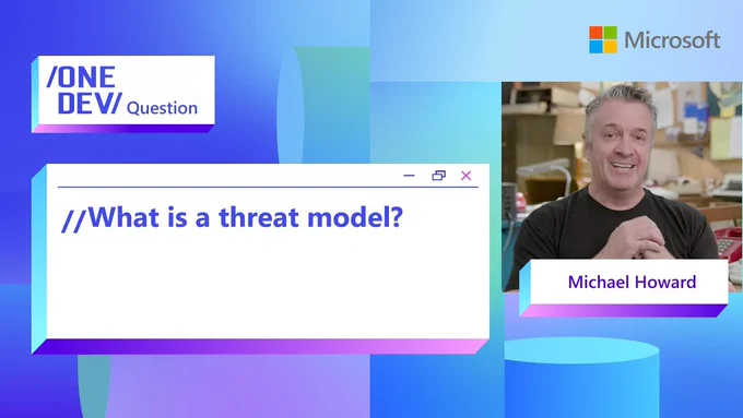 spot art.
Photo of presenter(s).
text reads: One Dev Question. What is a threat model.