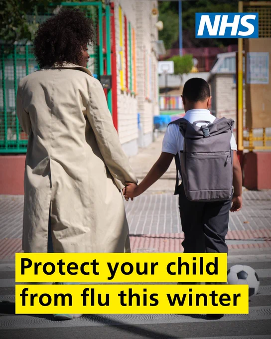 A woman in a beige coat holding hands with a schoolboy wearing a backpack, walking near a school playground with a soccer ball nearby. Text reads 'Protect your child from flu this winter'.