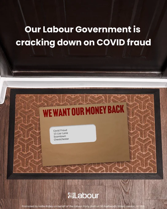 Envelope on a doormat labelled 'We want our money back' with an address to 'Covid Fraud, 13 Liar Lane, Scamtown, Cheatchester.' Text above reads: 'Our Labour Government is cracking down on COVID fraud.