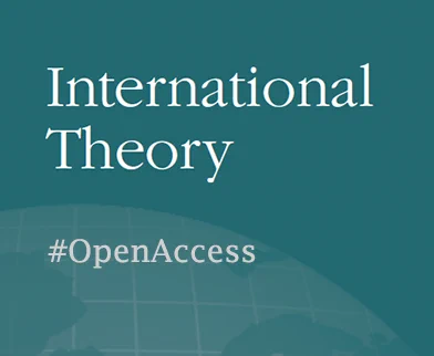Text overlay reading "International Theory" with a hashtag "OpenAccess" on a background featuring a partial globe.