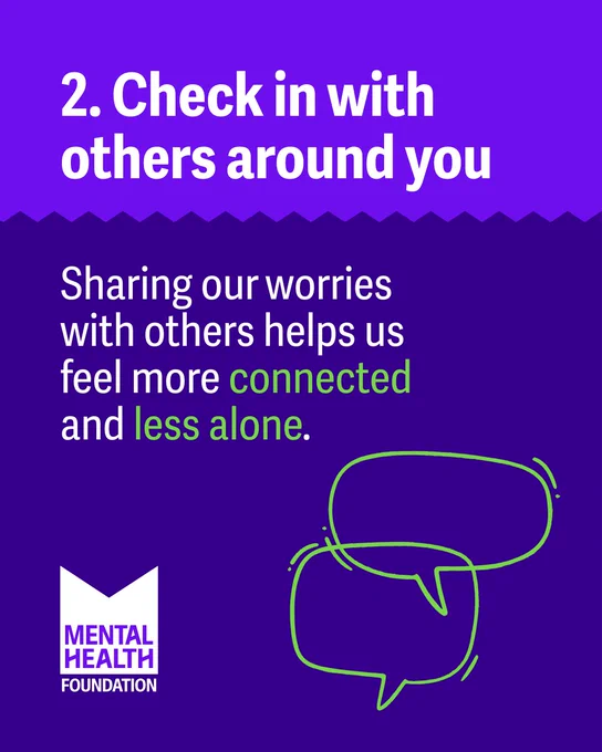Purple graphic with the text: "2. Check in with others around you. Sharing our worries with others helps us feel more connected and less alone." Below the text are two overlapping green speech bubbles outlined in a sketchy style. The logo of the Mental Health Foundation is in the bottom left corner.