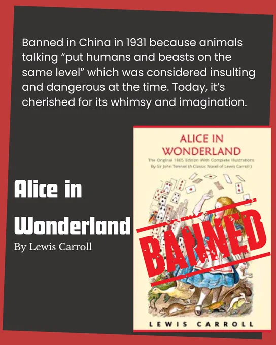 A graphic about Alice in Wonderland by Lewis Carroll featuring the book cover with a large red 'BANNED' stamp across it. The cover shows the classic illustration of Alice in her blue dress with playing cards scattered around her. The text explains that the book was banned in China in 1931 because animals talking was considered to 'put humans and beasts on the same level,' which was deemed insulting and dangerous at the time. Today, the book is cherished for its whimsy and imagination.