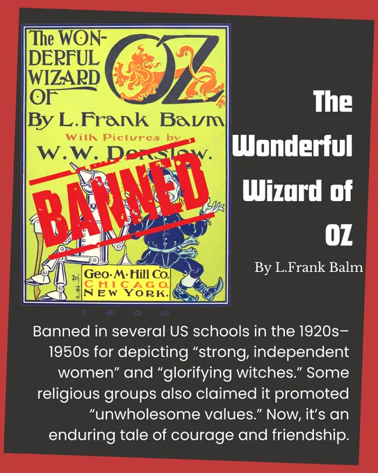 Graphic with the vintage cover of The Wonderful Wizard of Oz by L. Frank Baum, illustrated by W.W. Denslow, showing the Tin Man and Cowardly Lion. A red BANNED stamp is overlaid across the cover. The text explains the book was banned in some US schools from the 1920s-1950s for depicting 'strong, independent women' and 'glorifying witches,' with some religious groups claiming it promoted 'unwholesome values.' It is now considered an enduring tale of courage and friendship.
