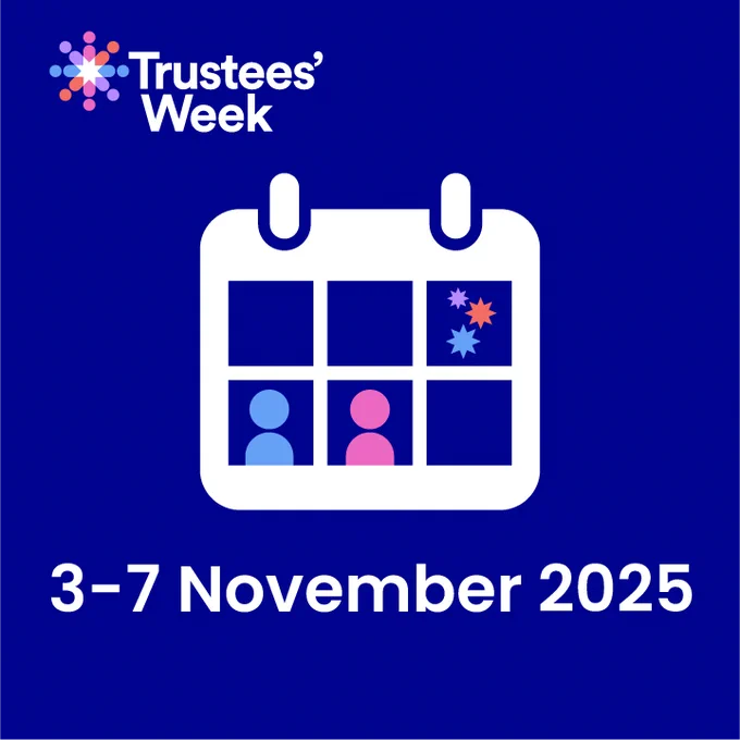 Calendar icon with colourful figures and stars marking dates, promoting Trustees' Week from 3 to 7 November 2025 on a dark blue background.