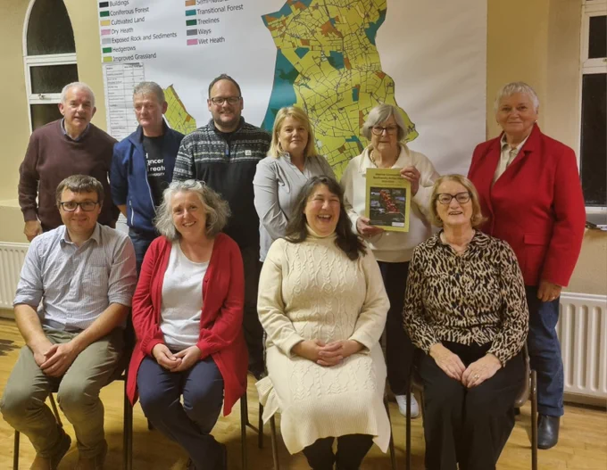Group photo - Glenroe Tidy Towns reps and others photographed with Veronica Santorum, John Kennedy, Darren Barry, Community Climate Action Officer and Sinead Mc Donnell, Biodiversity Officer